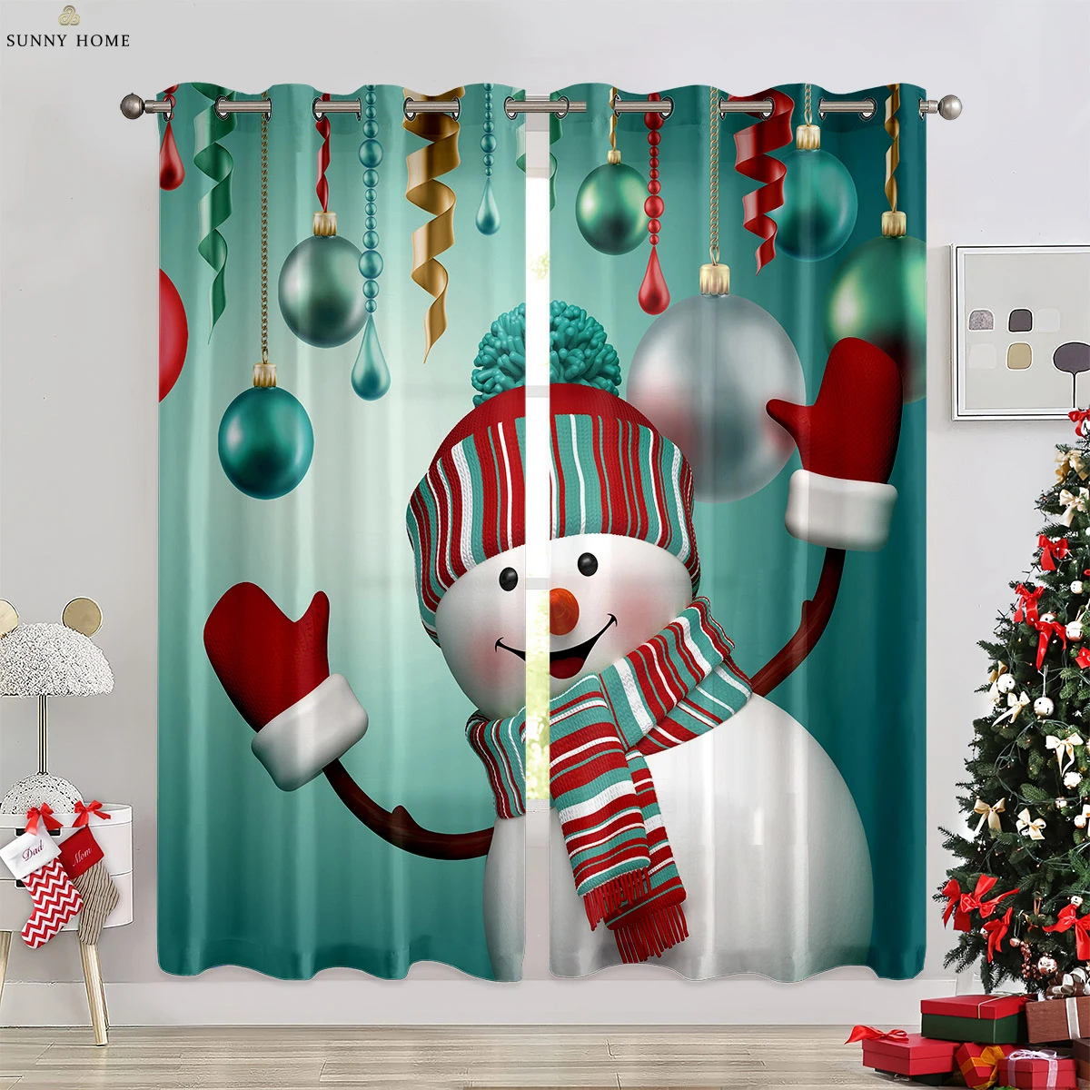 Christmas Snowman Elk Ball Decoration Curtain Bedroom Living Room Restaurant Holiday Party Window Decoration Curtain 2 Pieces