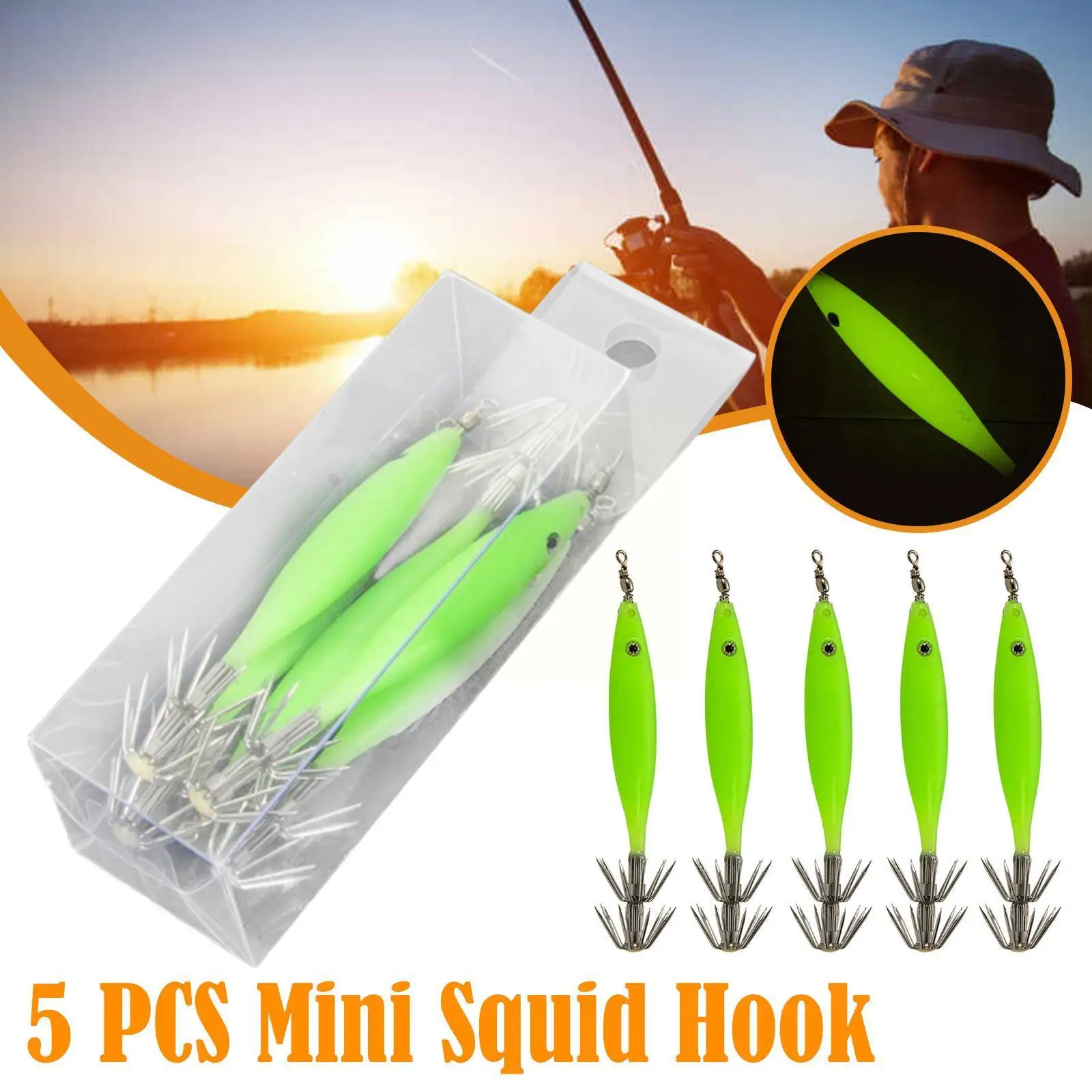 5pcs/Set Luminous Blowing Tube Octopus Jig Hook Wood Cloth Hook Sea Roll Fishing Squid Bait Explosion Shrimp Hook Artificial Jig