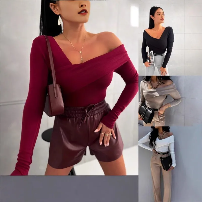 여성용 바디콘 블라우스, 우아한 슬림 오프숄더 긴팔 티셔츠, 여성 의류, 화이트 패션, 신상 용수철