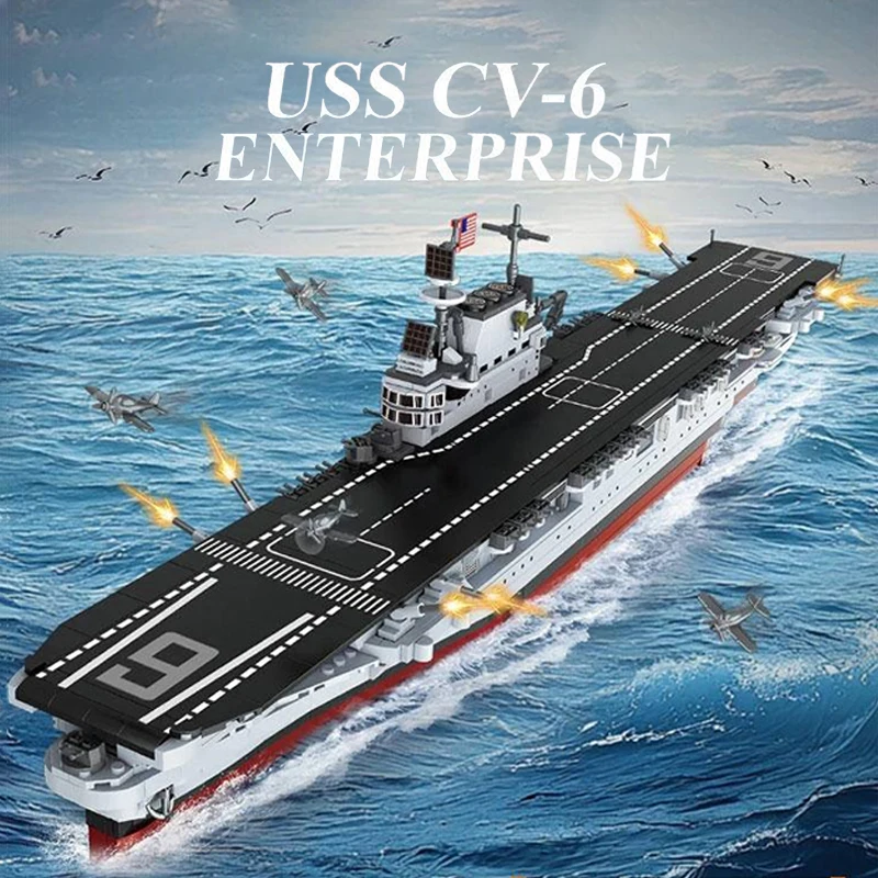 Klemmbausteine Militärisches USS CV-6 Enterprise Bausteine-Set, Marine-Kampfschiff Flugzeugträger Modellbausatz, Spielzeug für Erwachsene und Kinder, 1883 Teile