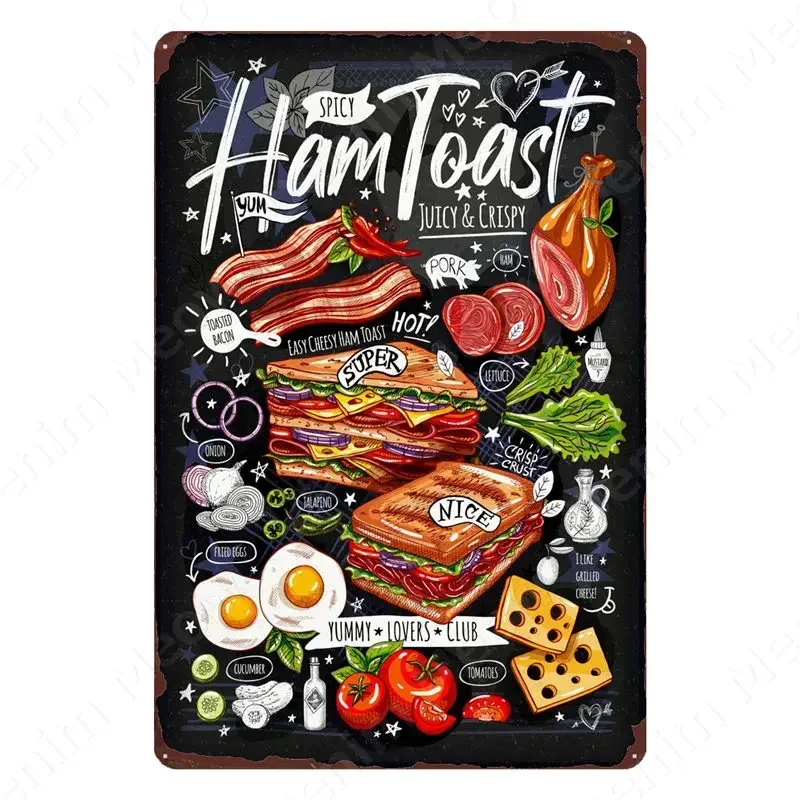 Vintage Fast Food Menu Tin Sign BBQ Menu Metal Poster Burgers Pizza Wall Decoration for Party Ktichen Restaurant Home Decor