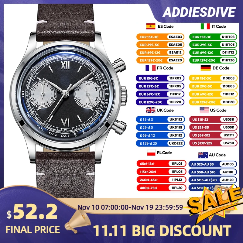 

ADDIESDIVE AD2037 Men's Quartz Watch Bubble Mirror Glass 100m Diving Wristwatch 60min Chronograph for Man 38mm Relogio Masculino