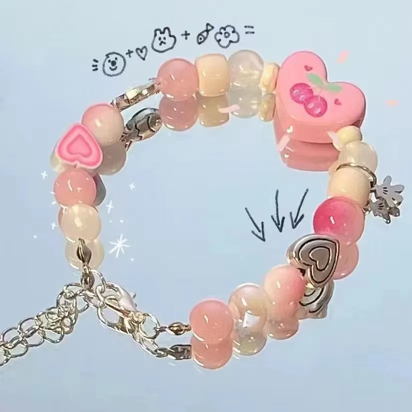Kpop Cute Y2K Cartoon Pink Heart Cherry Cat Star Beads Bracelet Women Girls Korean Trendy 2000s EMO Sweet Jewelry Accessories
