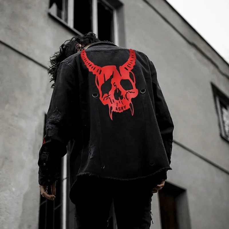 

Men's Clothing Spring Autumn Jackets Loose Plus Size Streetwear Lapels Buttons Designs Tops Men Skulls Washed Wear Denim Jackets