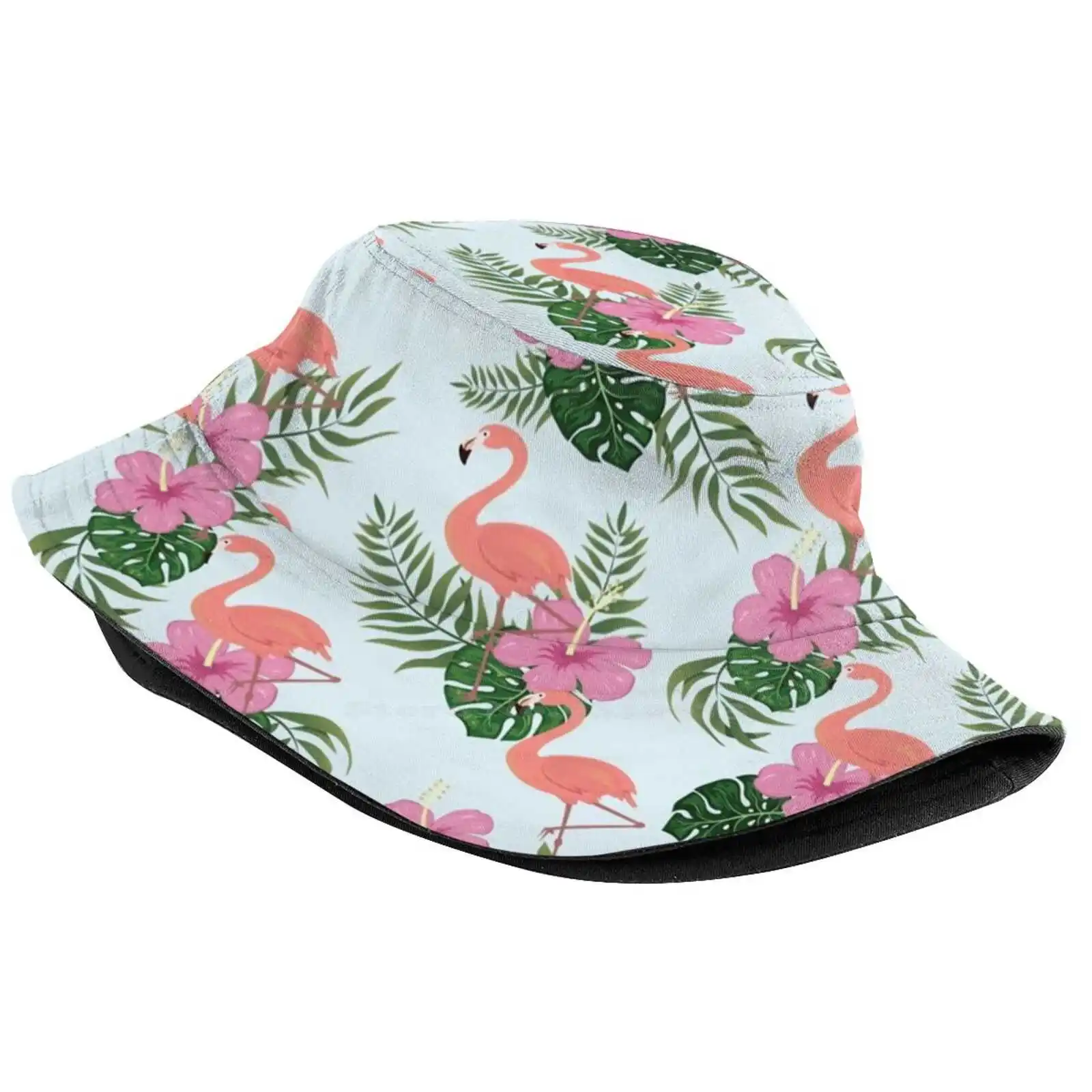 Flamingo Water Bird Waterbird With Flowers Flowers Pattern Korean Caps Funny Beach Bucket Hats Flamingos Water Bird Birds