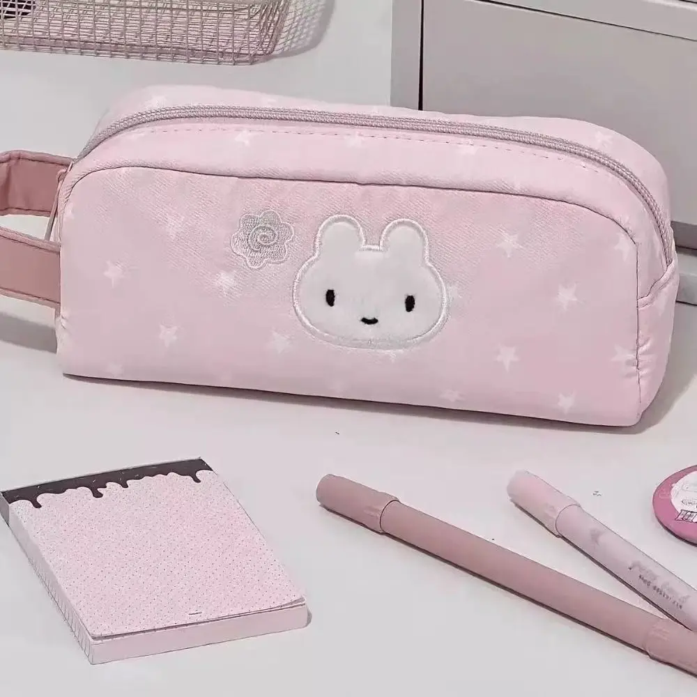 New Pink Pen Bag Star Rabbit Pattern Handheld Stationery Bag Zipper Design Large Capacity Pencil Case School Office