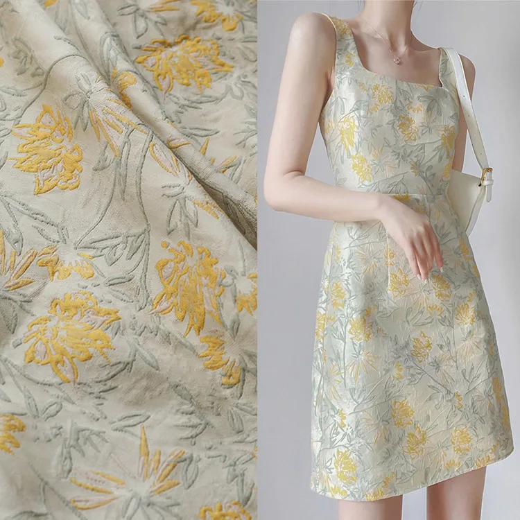 

1yard Yellow flower color woven jacquard fabric DIY Coat,outerwear,suit，bag designer Fabrics for patchwork