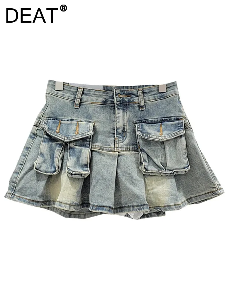 

DEAT Women's Denim Skirts Patchwork Asymmetric Pockets Pleated A-line Short Cargo Miniskirt 2024 Autumn New Fashion 29L6949