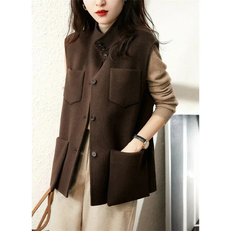 

Korean Women Fashion Pocket Sleeveless Top 2025 Lady Stand-up Collar Vest Woolen Jacket Spring Autumn Femme Waistcoat Wool Coat