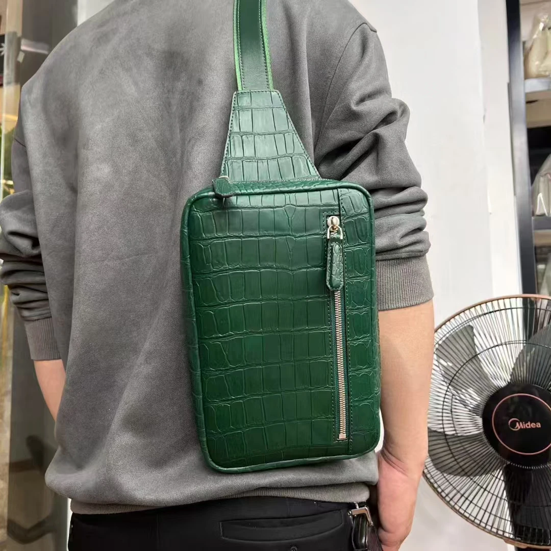 Calidad de lujo 100% cuero de cocodrilo real genuino piel del vientre hombres bolsa cruzada bandolera de piel de cocodrilo tamaño pequeño azul