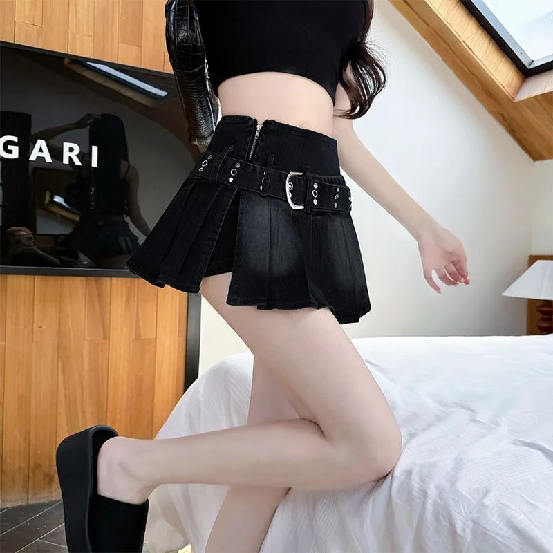 Fashionable High-waisted Versatile Side Zipper Denim Skirt  Women New Summer Pleated Skirt Anti-glare A-line Short Skirt Denim