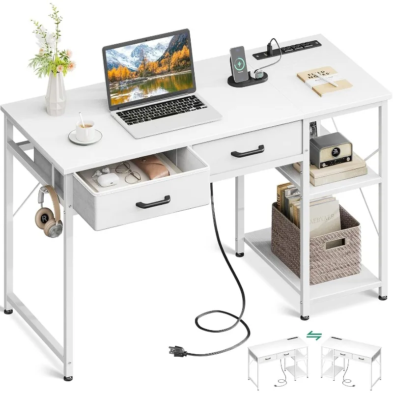 Laptop Desk, 40 Inch Small Desk with Drawers & Power Outlet for Bedroom, Computer Desk Home Office Desk with Storage Shelves