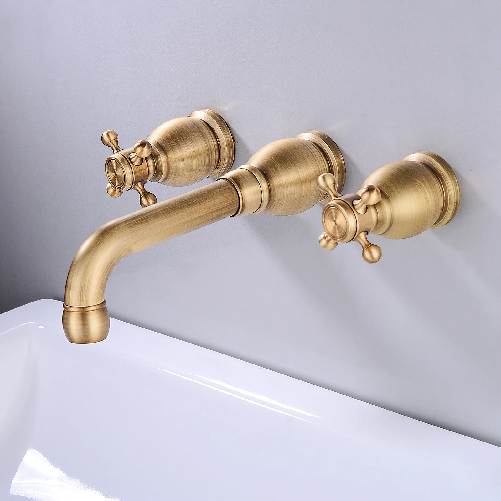 Bathroom Basin Faucet Three Pieces Set Brass Double Handle Three Hole Wall Mounted Mixer Faucet Hot and Cold 360 Rotation