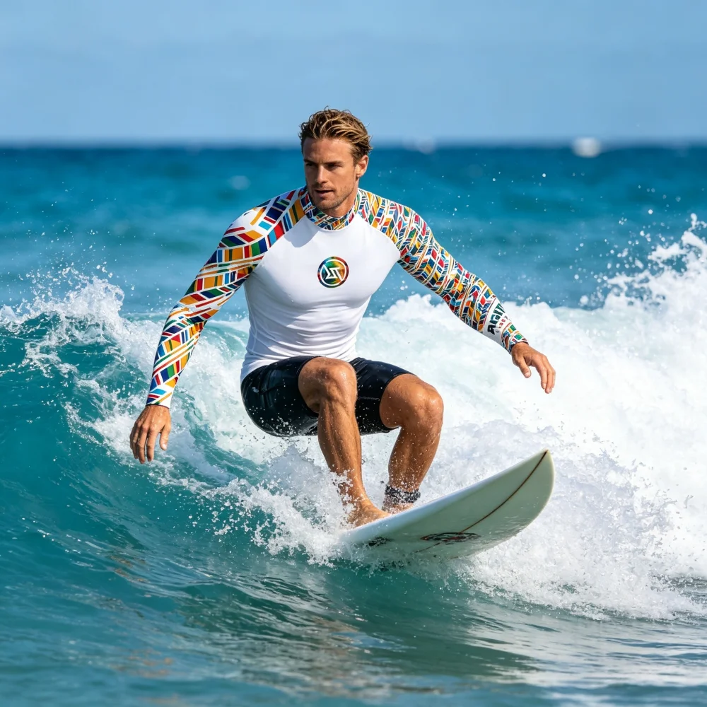 RIGHTTRACK UPF50+ Men's  Rashguard Summer Surf Shirt UV Protection Beach Swimwear For Surfing Sportswear