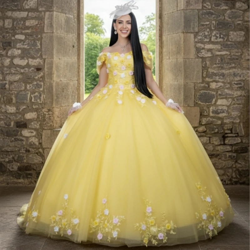 

Желтые платья для выпускного бала с открытыми плечами, аппликацией в виде цветов, тюлевым корсетом, платья для Sweet 16, Vestidos 15 De Anos