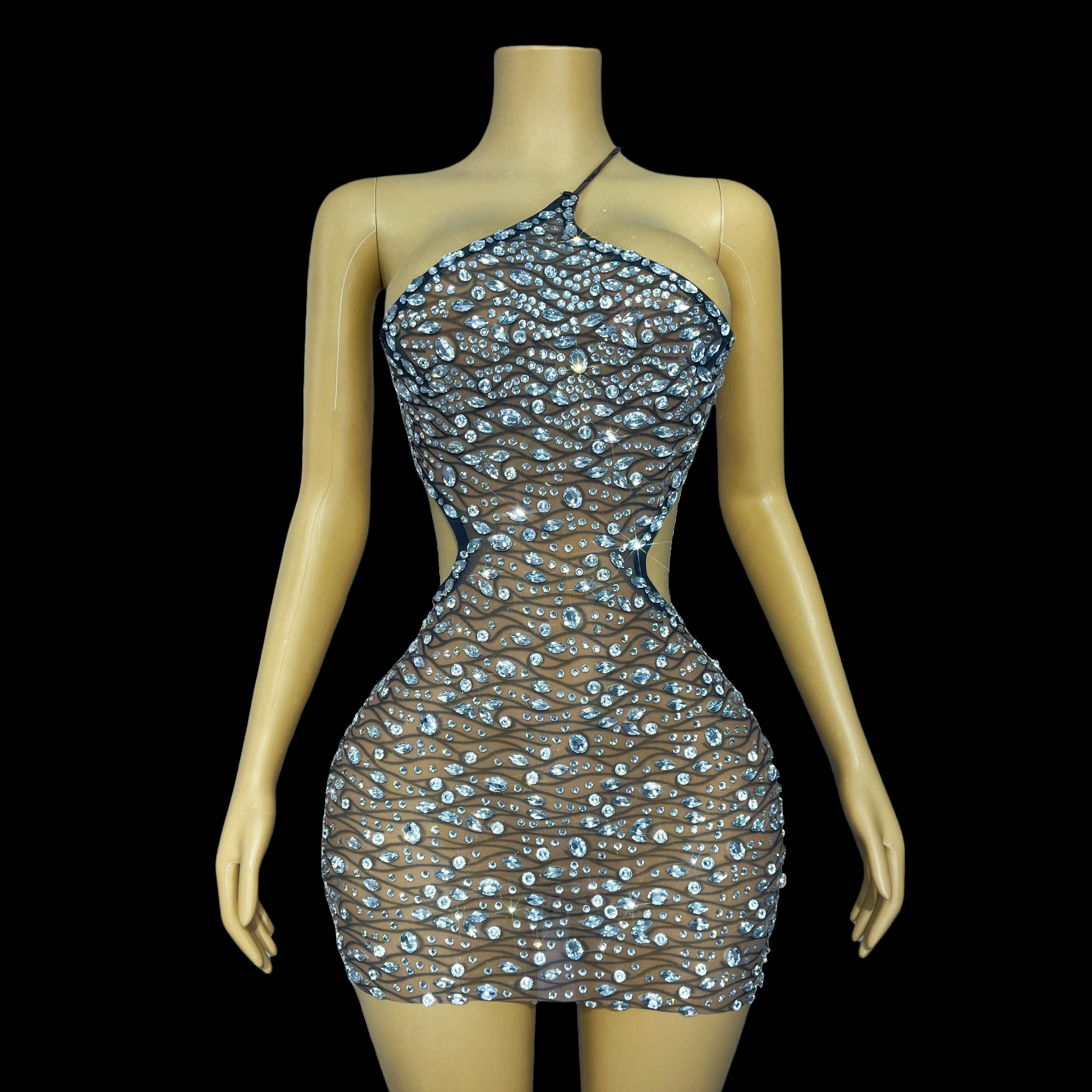 

Heavy Industry Shiny Rheinstone Sexy One Shoulder Waist Back Dress Ladies Party Dancer Singer Show Costumes Zhangyuwen