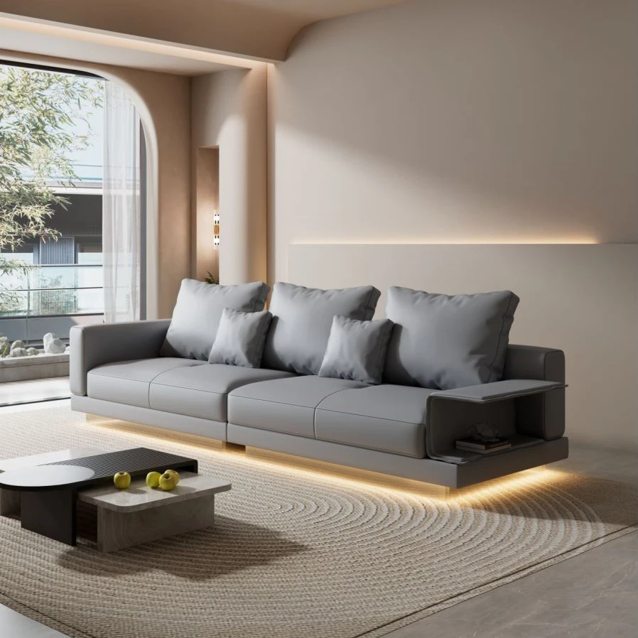 

#Italian Light Luxury Suspended Leather Sofa Living Room Simple Three Seat Straight Sofa