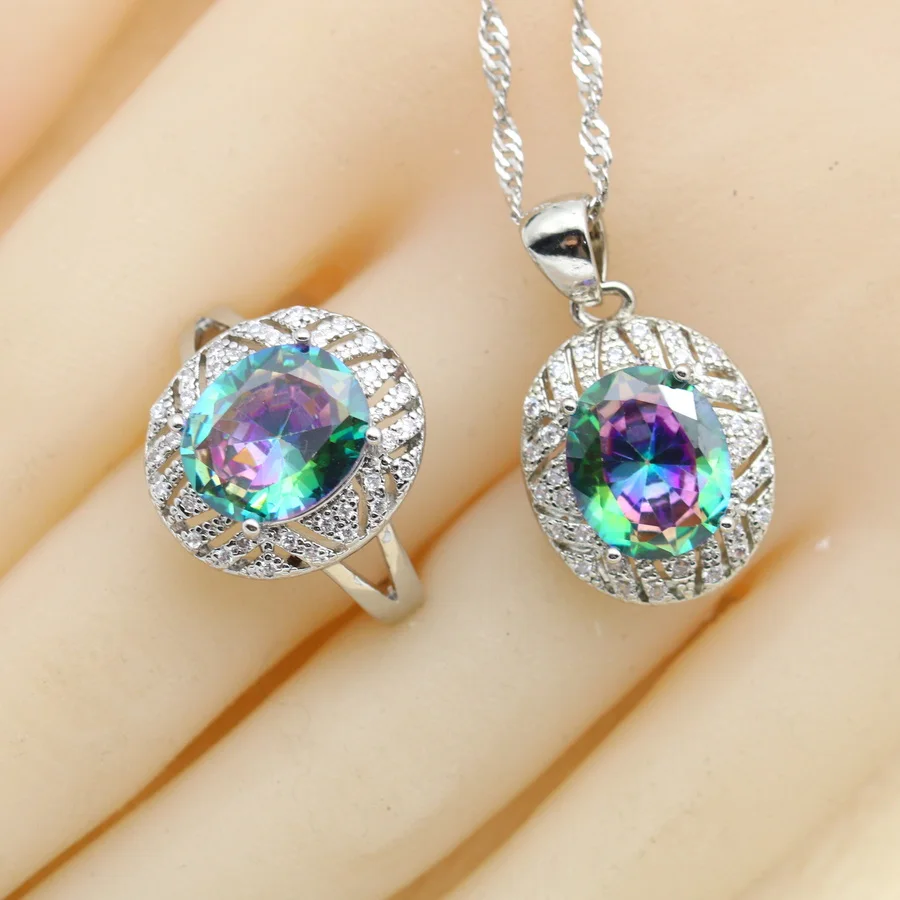 Amazing Rainbow Zirconia 925 Silver Jewelry Sets for Women Wedding Clip Earrings Bracelet Rings Necklace Pendant Best Party Gift