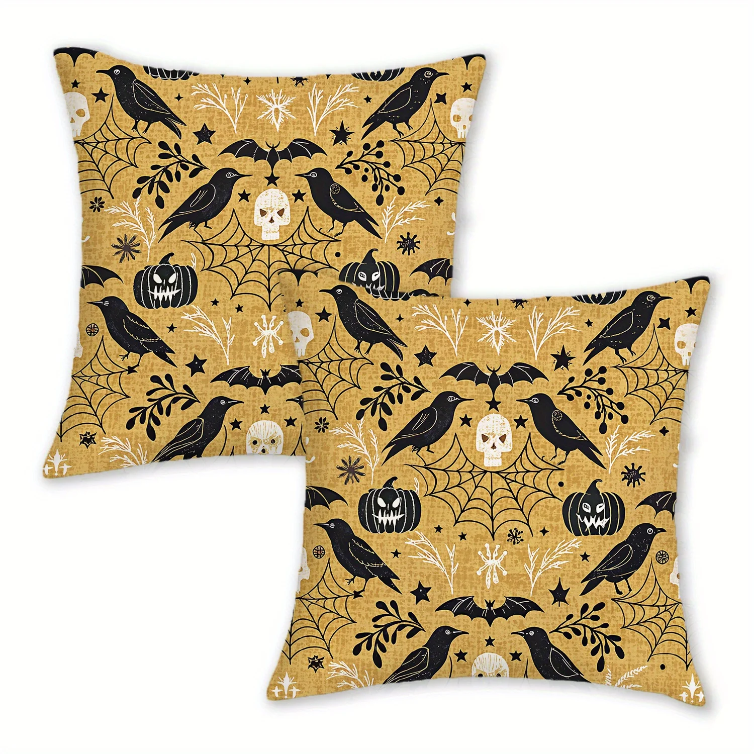 2pcs Halloween Crow Skull Printed Throw Pillow Covers Gothic Farmhouse Decor 18x18 Inch, Short Plush Polyester Zippered