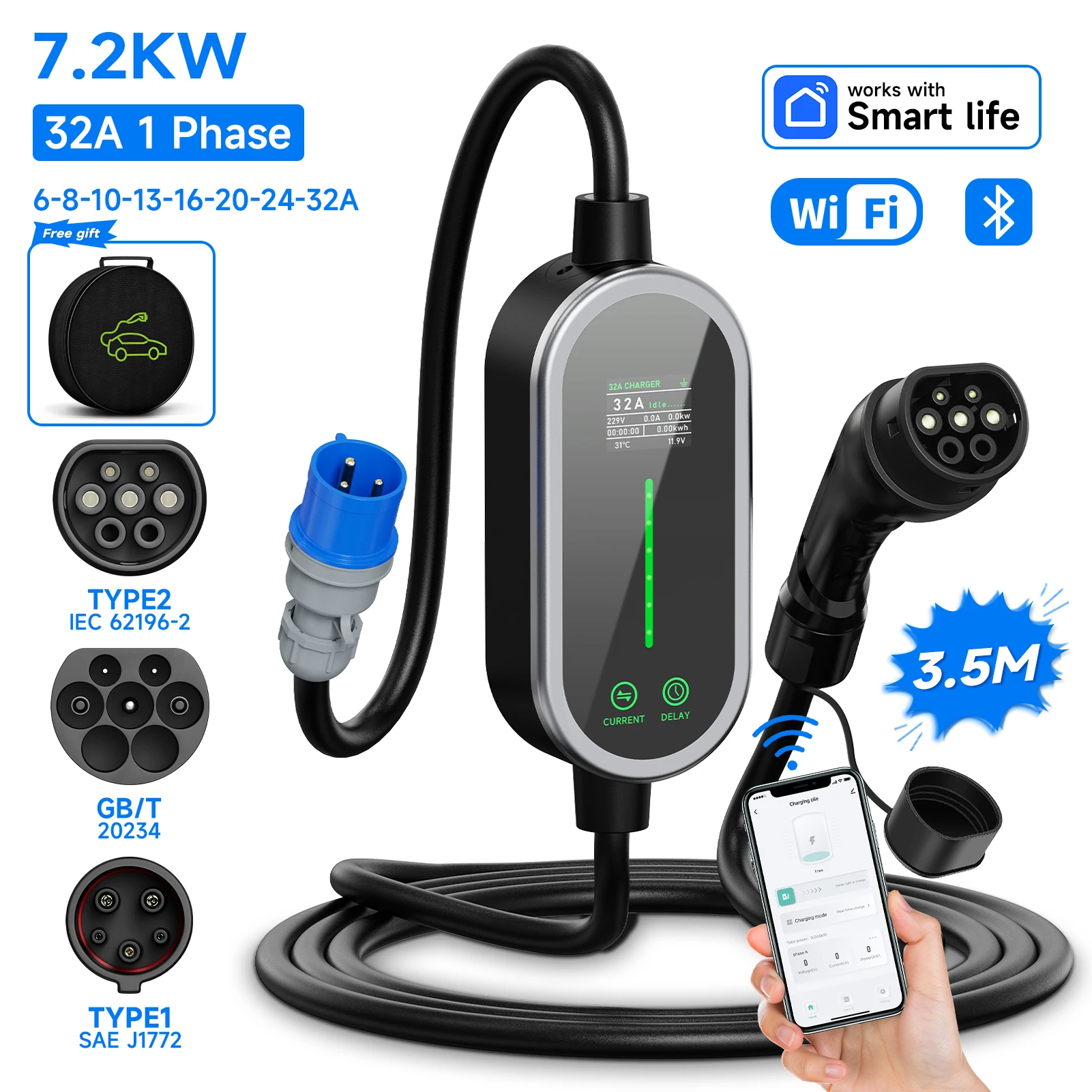 AFYEEV Przenośna ładowarka EV typu 2 7,2 kW 32 A 1-fazowa skrzynka ścienna typu 1 GB/T Kabel ładujący EVSE Wtyczka CEE WiFi APP Sterowanie Bluetooth