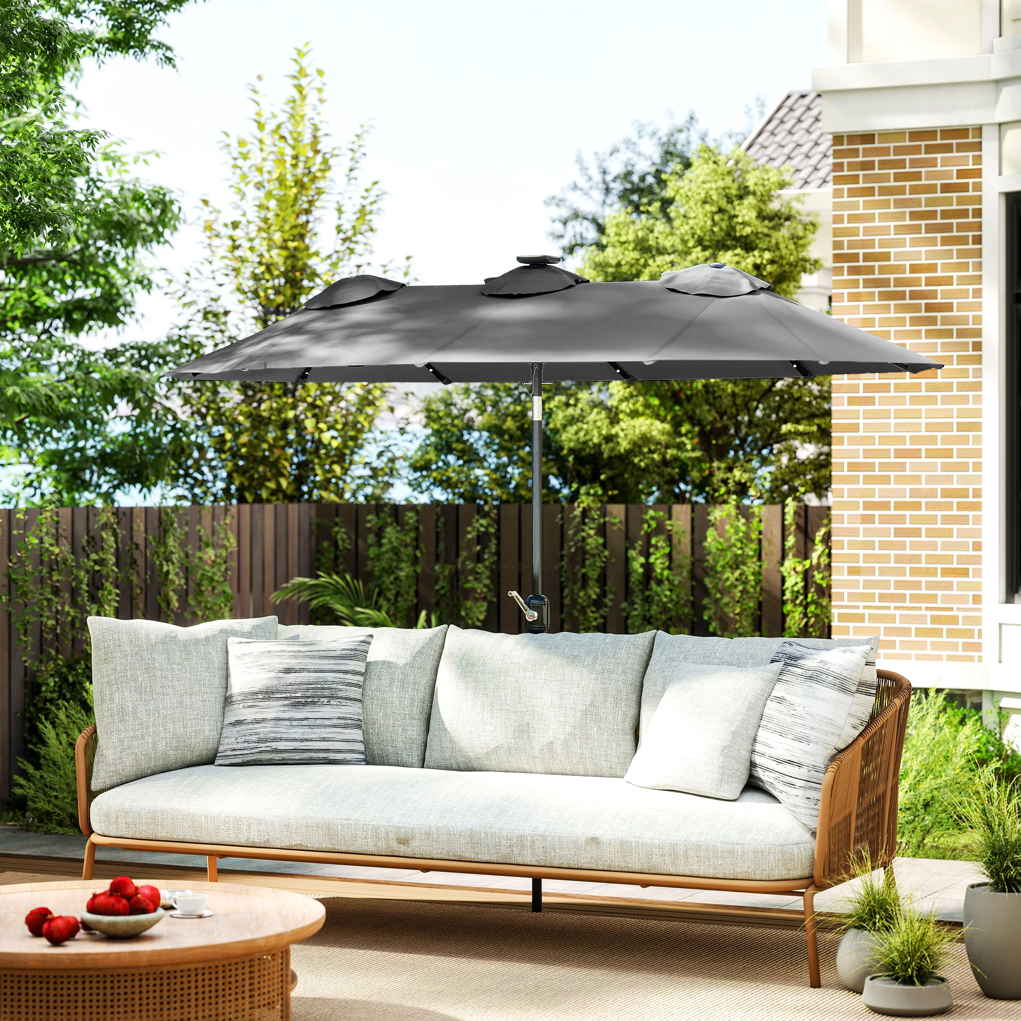 9.7' Double-sided Patio Umbrella with LED Solar Light, Tilt, Gray