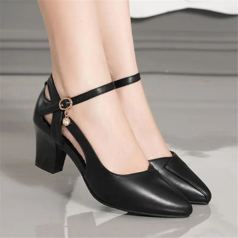 Women Shoes Pointed Toe Pumps Solid Color Sandals Female Summer New Baotou One-word Buckle Thick Heel Ladies Comfortable Shoe