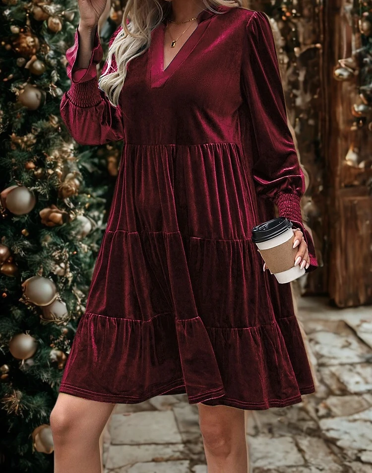 長袖ワンピース ショートスカート 2025 秋冬新作 ベルベットケーキドレス