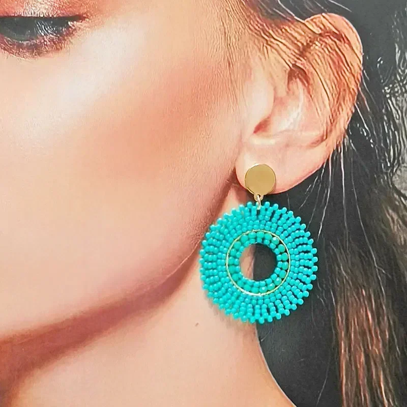 Bohemian Style Alloy Crystal Beaded Earrings Hollow out Rice Beads Hand Knitted round Fashion Jewelry for Women