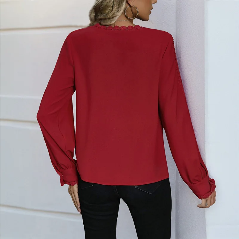Autumn 2025 New Women's Fashion Romantic Elegant Temperament Commuter Dating Joker Top V-neck Long Sleeve Red Shirt Lady