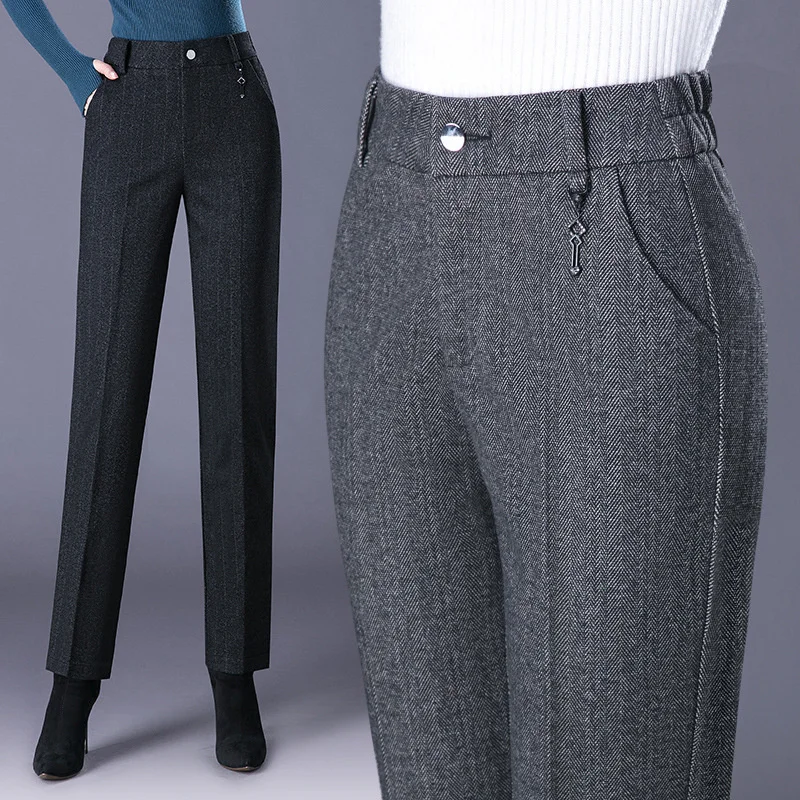 

Woolen Trousers Women 2024 Autumn Winter Pants New High Waist Elastic Striped Straight Pants Female Slim Casual Long Suit Pants