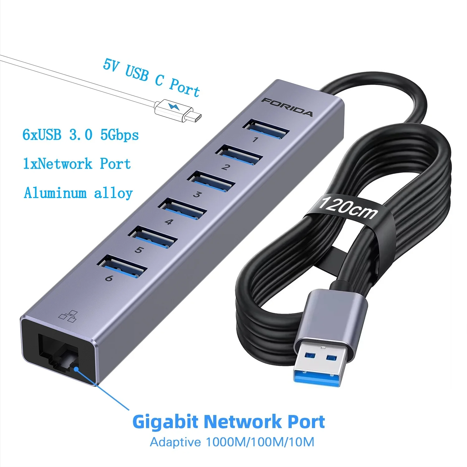 

Док-станция FORIDA с длинным кабелем, 7 портов, 5 Гбит/с, USB-концентратор 3,0, 1000 Мбит/с, Ethernet-адаптер питания для ноутбука, Macbook, ПК, мобильного телефона