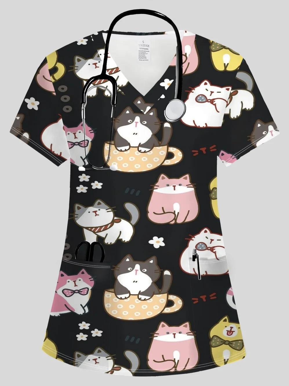 Summer Womens Fashion V-Neck Short Sleeve Uniform Pockets Tops Cute Cat Pattern Print Comfortable Vet Clinical Uniforms Woman - view 5