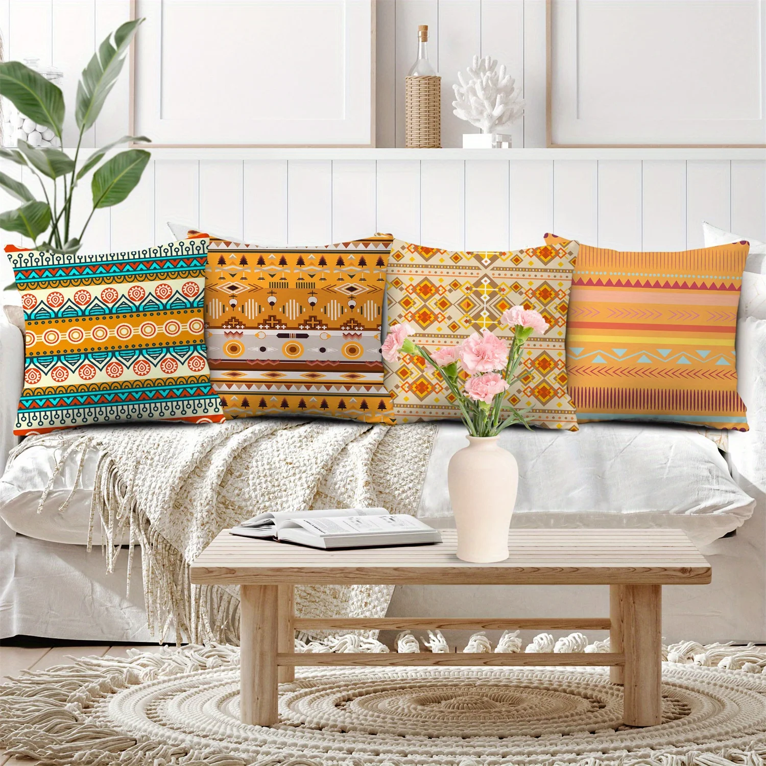 Ethnic Boho Tribal Geometric Pillowcase Set Cushion Covers Global Moroccan Print Decor Accent Throw 4pcs 40x40cm Home Style