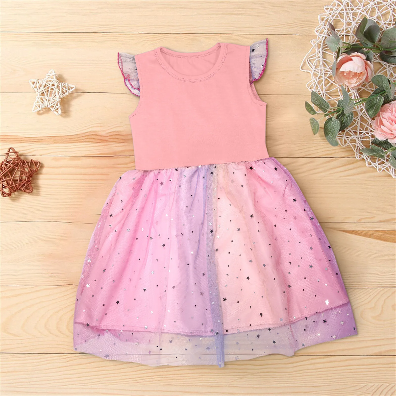 Toddler Kids Girls Dress Mesh Sequined Flying Sleeve Rainbow Tulle Dress Birthday Party Princess Dresses Girls 2 3 4 5 6 7 Years