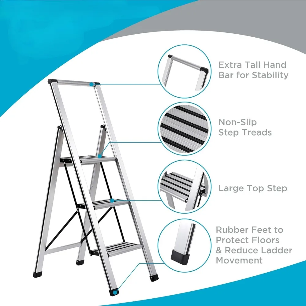 3 Step Ladder | Folding Anti-Slip Step Stool, 250 lb Capacity | Lightweight, Slim & Sturdy Design for Household, Kitchen Garage