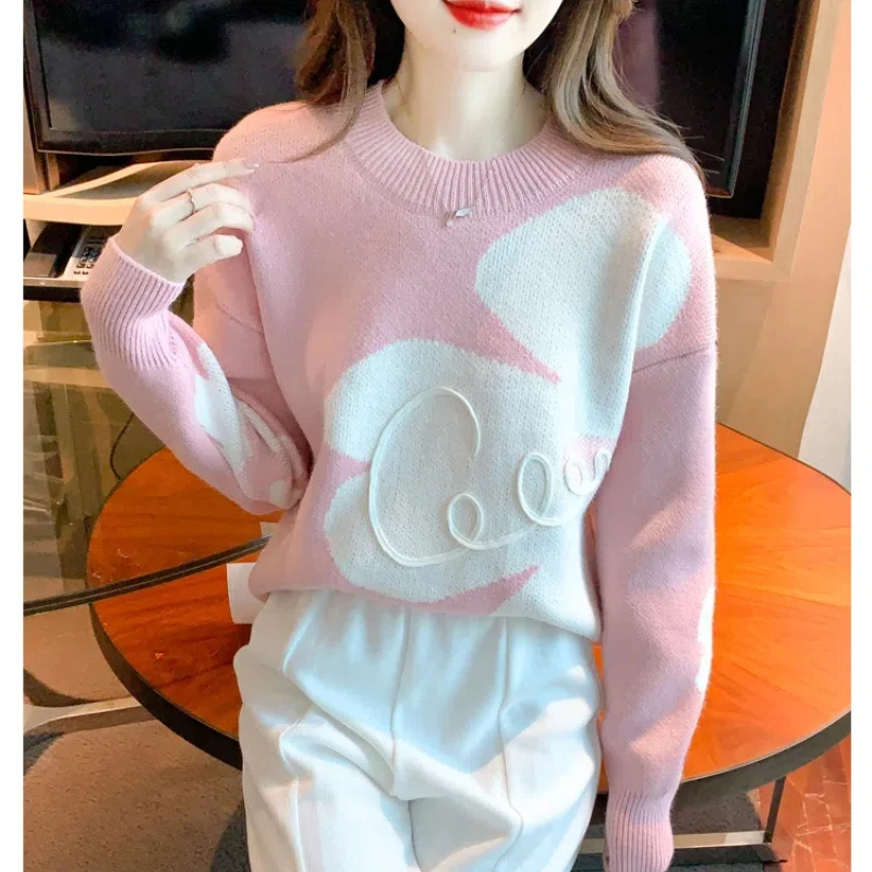 Korean Sweet Autumn/Winter Women\'s Sweaters O-Neck Jacquard WeaveContrast Color Chic Loose Long Sleeve Pullovers Knitted Tops