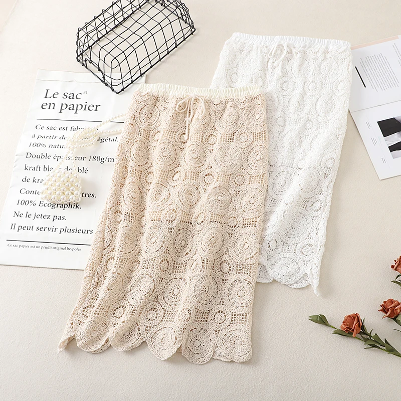 

Vaion Sle кружевная прямая юбка-труба с полым крючком и высокой талией, утягивающая юбка трапециевидной формы небольшого размера, женская мода