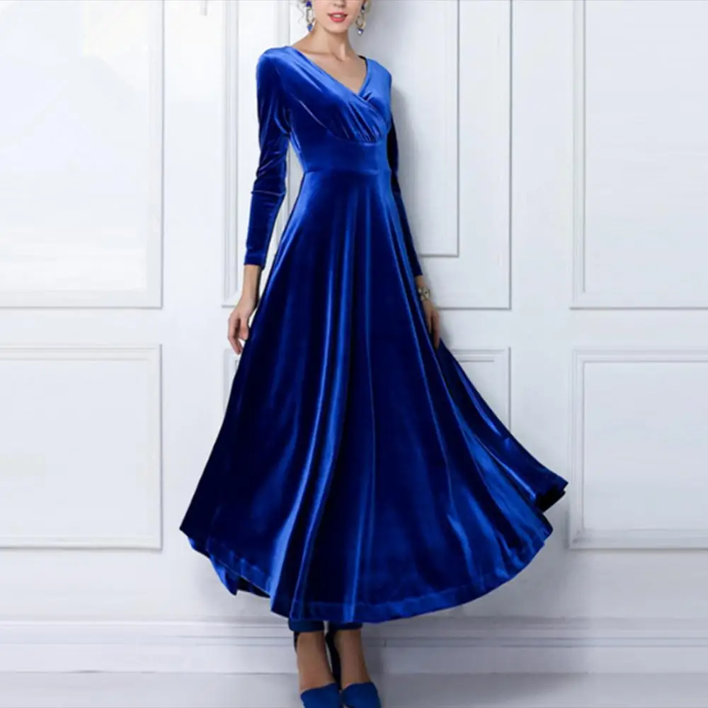 

Vintage Women Autumn Long Sleeve V Neck Pleated Velvet Banquet Party Maxi Dress Party Wedding Elegant Evening dress