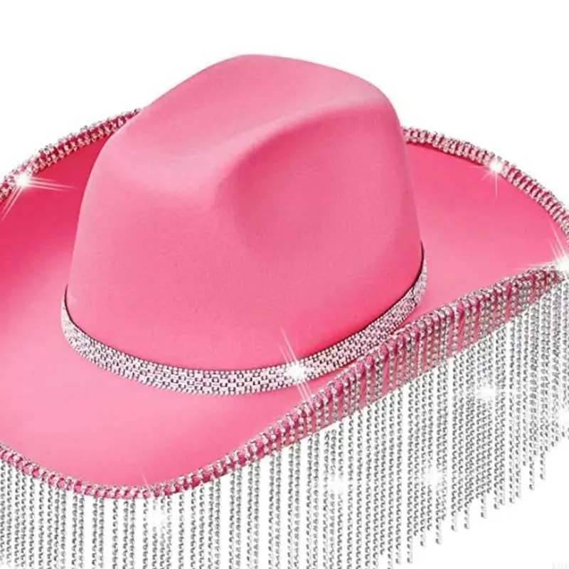 

K3KF Shinning Dangle Cowgirls Hat Wedding Cowboy Hat Seaside Hat Cowgirl Hat Western Elegant Dress Accessory