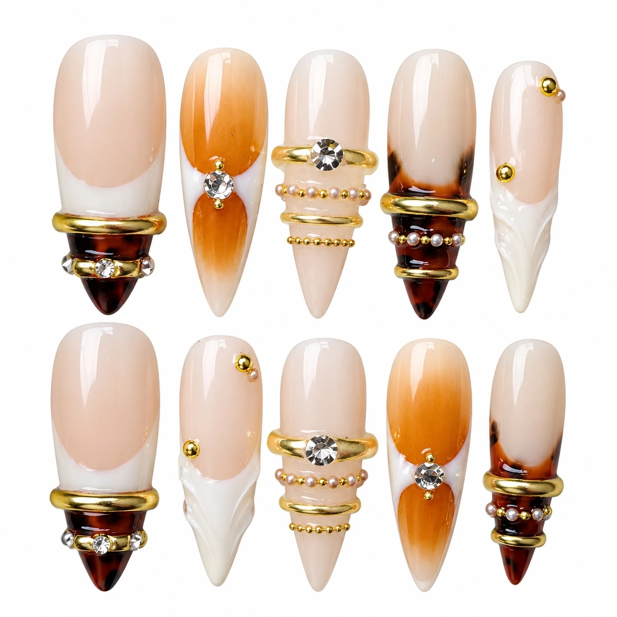 Elegant Press on Nails 3D Embossed Flower for Winter Wedding Party Hand Painted Resin False Nails Long Stiletto Design