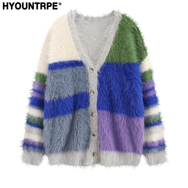 Mens Cardigan Sweater Y2K Fashion Striped Streetwear Hip Hop Warm Hairy Knitted Cardigan Single Breasted Sweater Unisex Jumpers