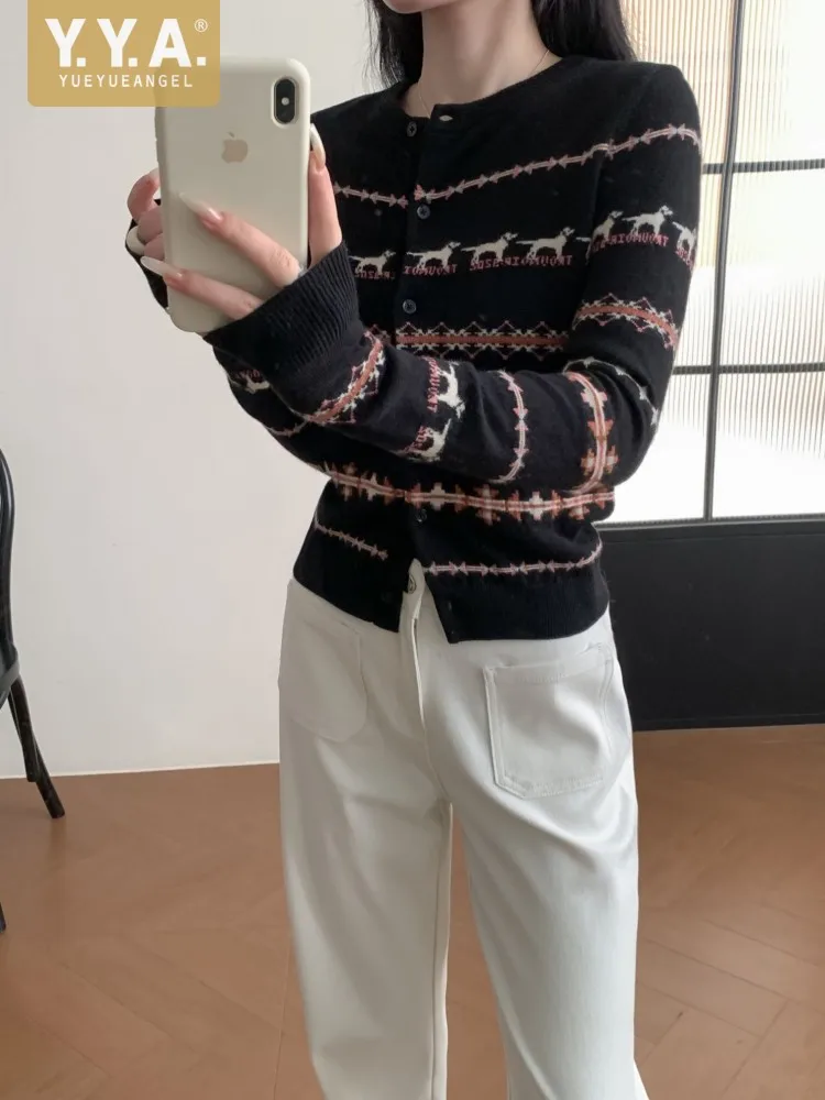 

Осень-зима дизайнерский женский черный свитер модный узор вязаный кардиган топ с круглым вырезом сохраняет тепло женское элегантное трикотажное пальто