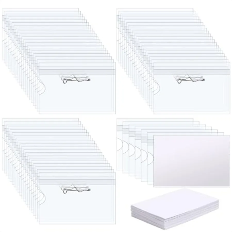 100個-ピン式ネームバッジホルダー-クリアプラスチックバッジホルダー-ラベル付き-idネームタグ-ピン付き-プラスチック製横型ネームバッジ