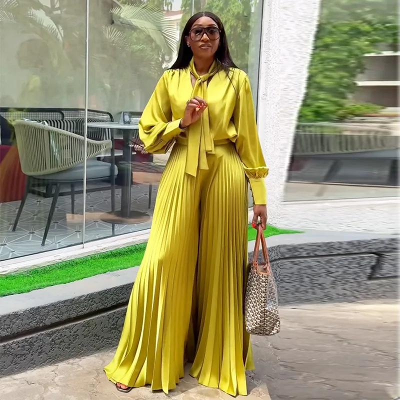 

Sweet and fresh lace-up V-neck lantern sleeve shirt high waist pleated wide-leg pants two-piece set fashionable simple and versa