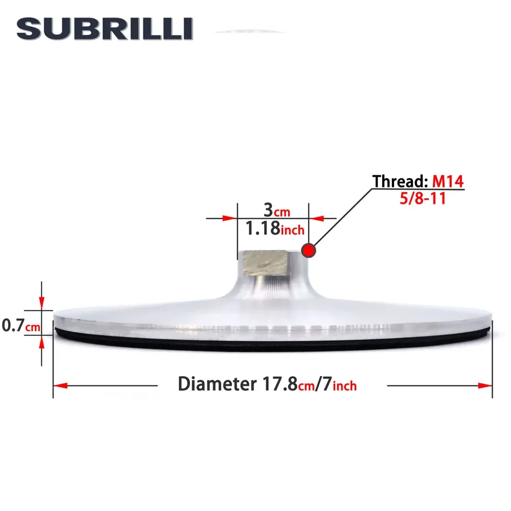 Subrilli 7 Polegada almofada de apoio de alumínio para polidor diamante polimento lixa disco suporte m14 5/8 "-11 capô abrasivo