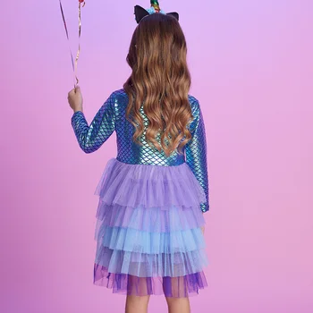VIKITA Girls Mermaid Print Dress Kids Layered Mesh Tulle Cake Ball Gown Tutu Dresses Girl Party Performance Princess Dress 3-12Y 4