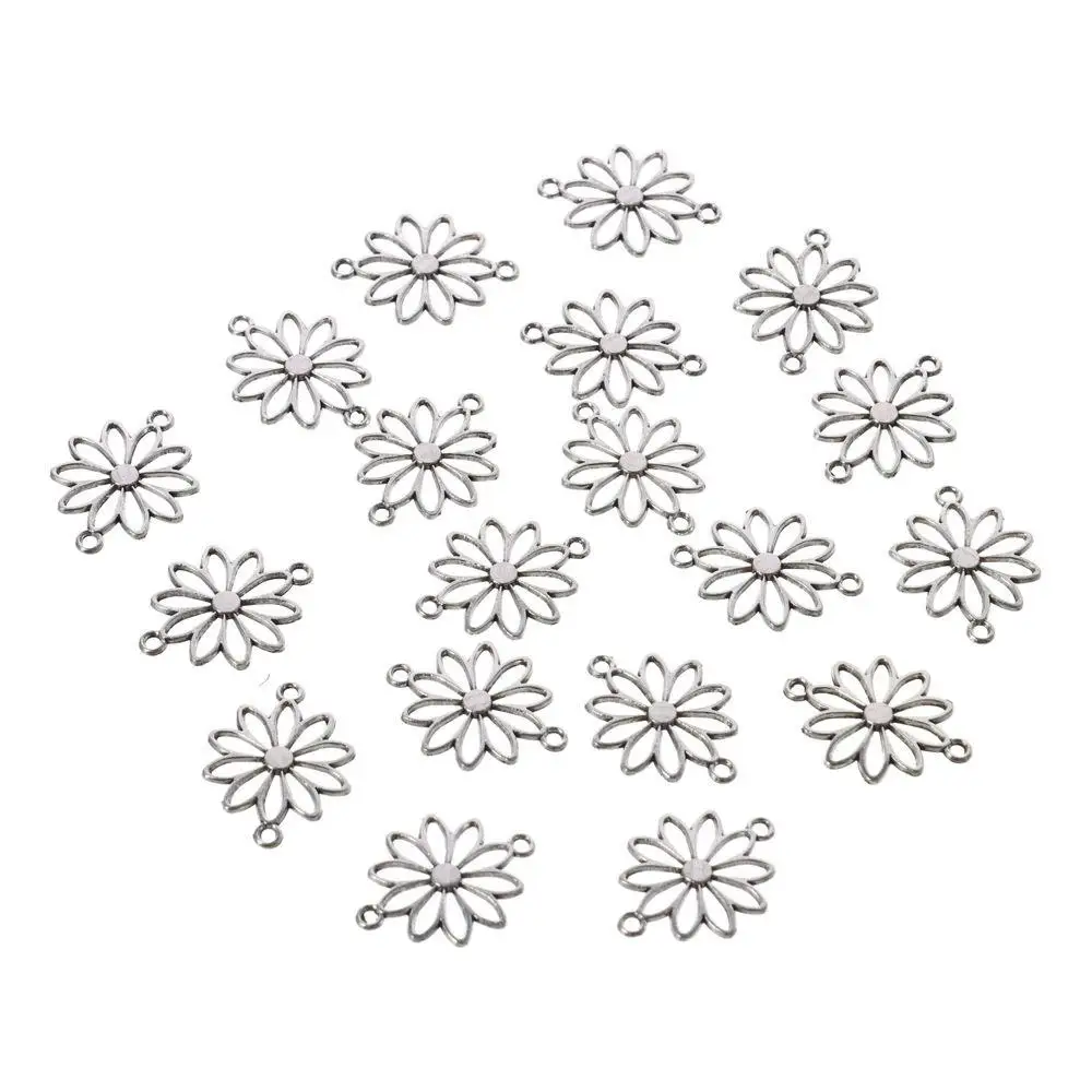60pcs Daisy Flower Flower Connector Charms Hollow Antique Silver Double Loop Pendants Zinc Alloy 25*19*1.5mm