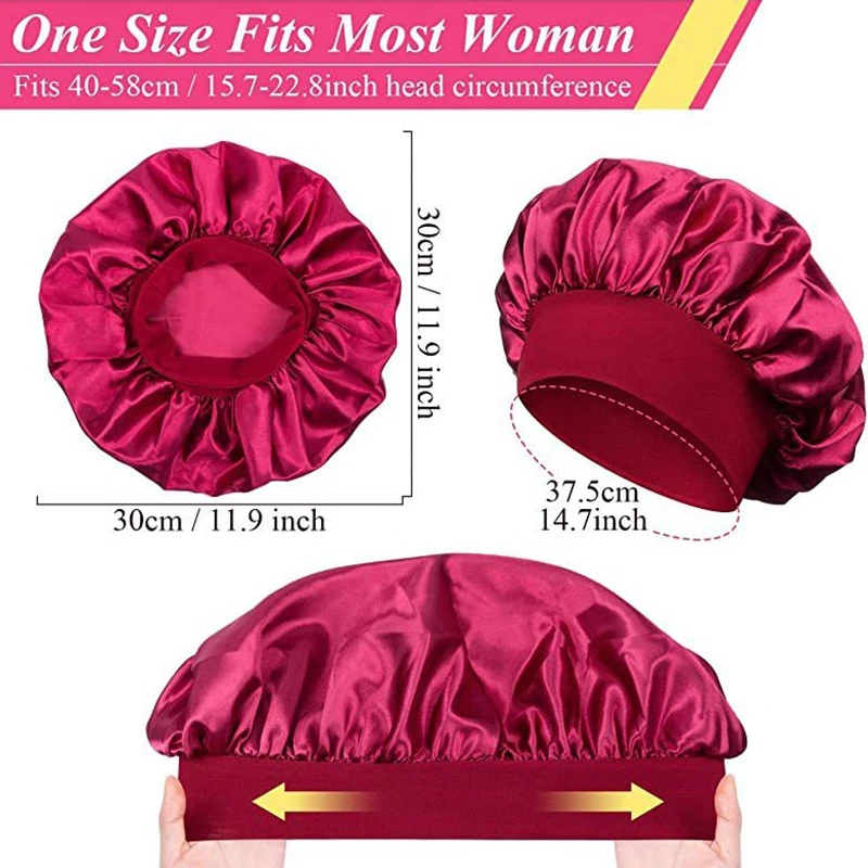 3 Stück Breitrandige Elastische Damen-Schlafmütze aus Satin, Nachtmütze, Haarschutz, Duschhaube für Bad und Sauna – Detail 11
