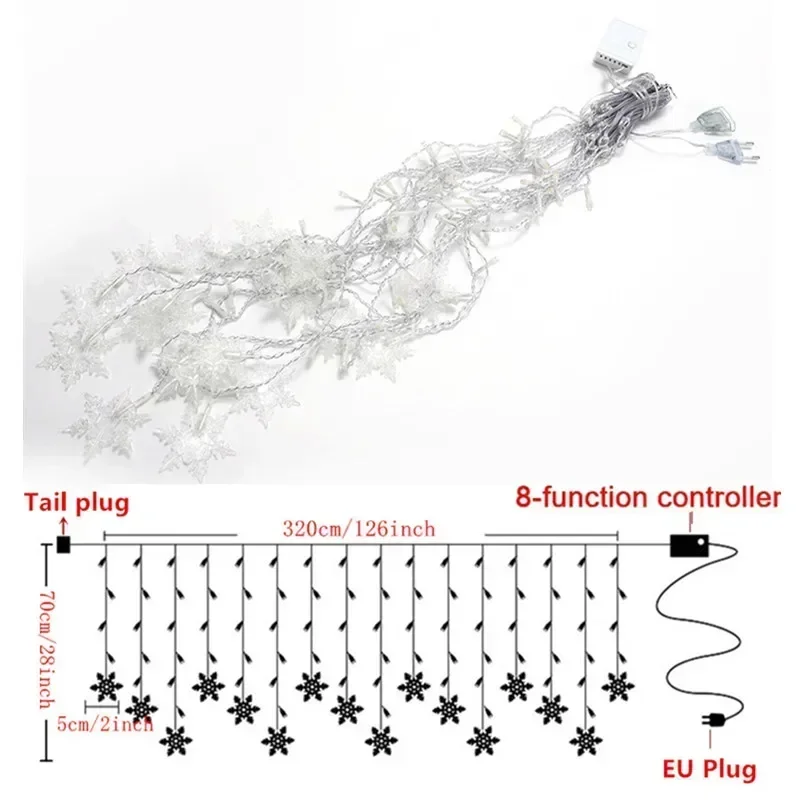 눈송이 LED 스트링 조명, EU 플러그 장식, 하우스 이브 홀리데이 파티 웨딩 조명, 새해 요정 조명, 크리스마스 조명, 야외 조명