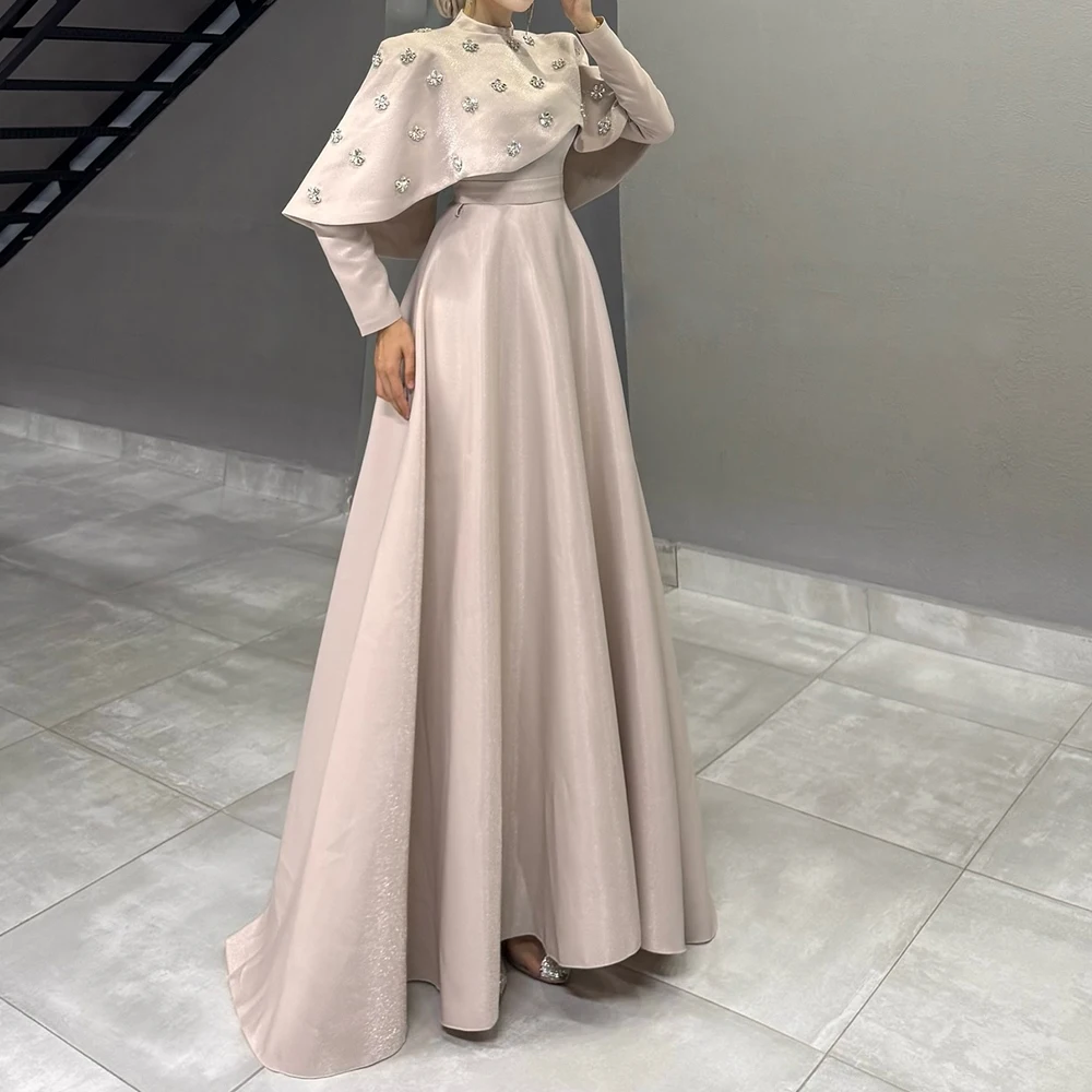 

Customized A-line Evening Dresses Floor-length High-neck Full Sleeve Prom Gown Fashion Crystal Stole Simple Draped Party Gown